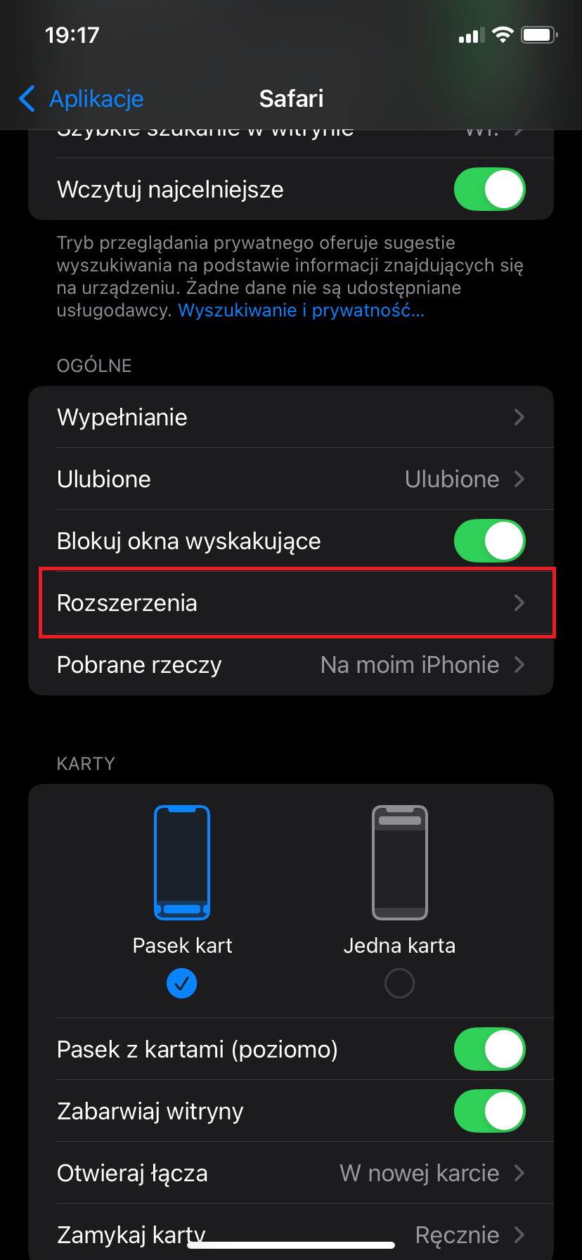 Krok 2 – włączanie rozszerzenia w ustawieniach Safari