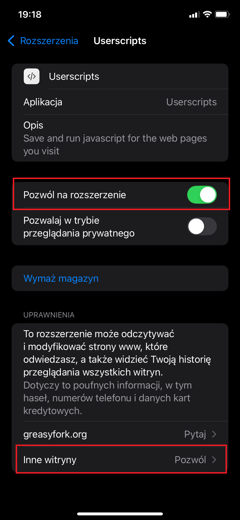 Krok 3 – nadawanie uprawnień rozszerzeniu w Safari